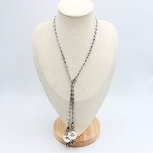 Silver Tone Pearl Tassel Necklace – Rhinestone Drop Statement Pendant